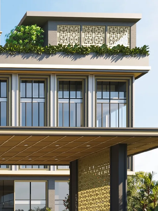 Godrej Epoque, artistic impression The clubhouse of Godrej Epoque, with gold lattice panels, terraces and gardens