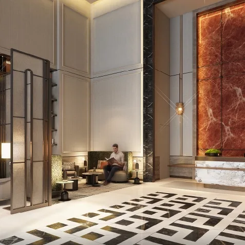 Godrej Epoque, artistic impression The grand lobby of Godrej Epoque, with a marble floor in a geometric pattern