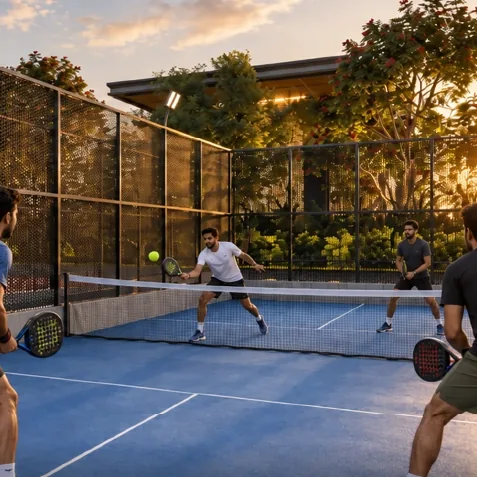 Godrej Epoque, artistic impression Residents playing pickleball at dusk at Godrej Epoque