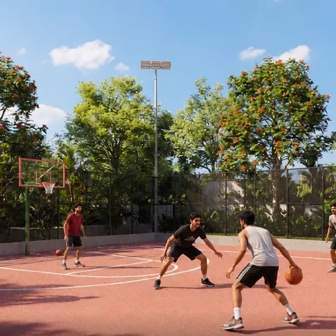 Godrej Epoque, artistic impression A basketball court among trees at Godrej Epoque