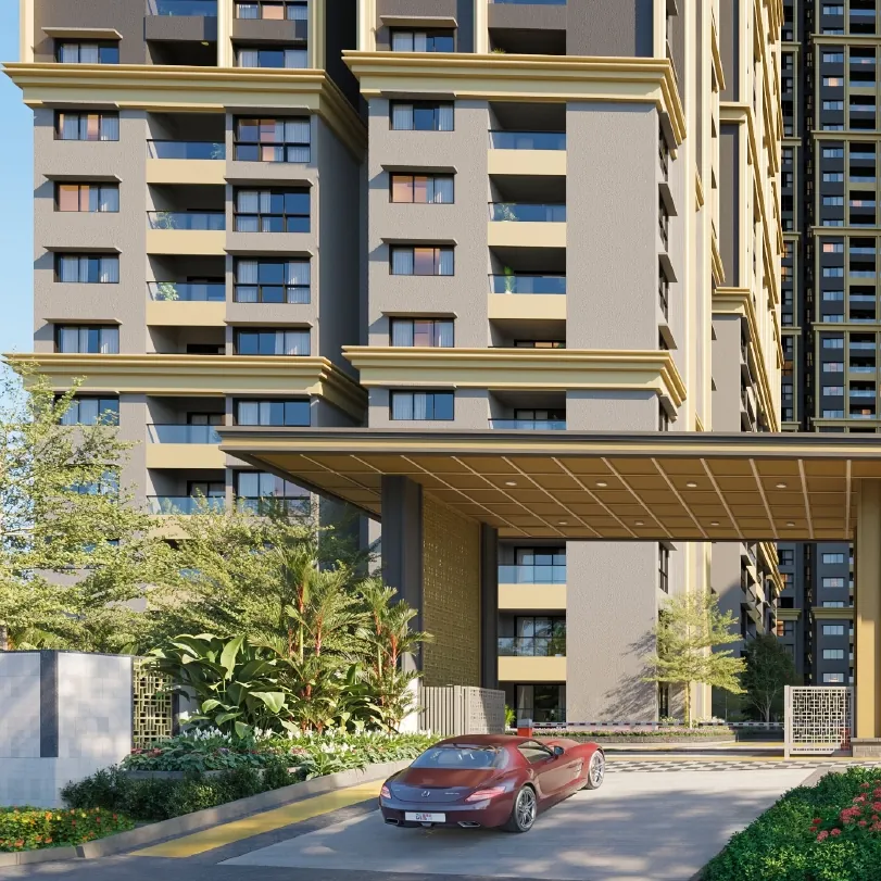 Godrej Epoque, artistic impression The tower of Godrej Epoque beside its art deco clubhouse and gardens
