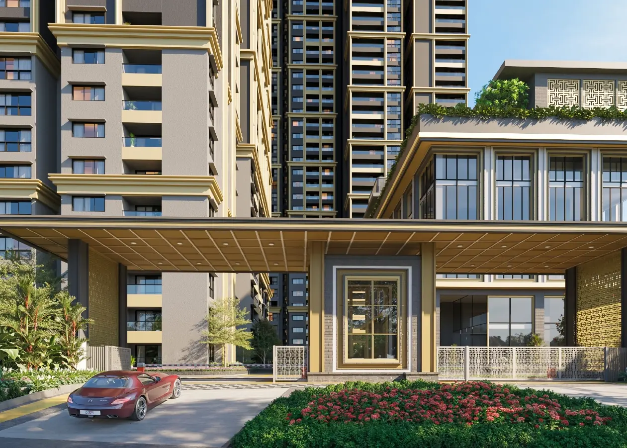 Godrej Epoque, artistic impression The art deco clubhouse of Godrej Epoque, with gold lattice screens, beneath its tower