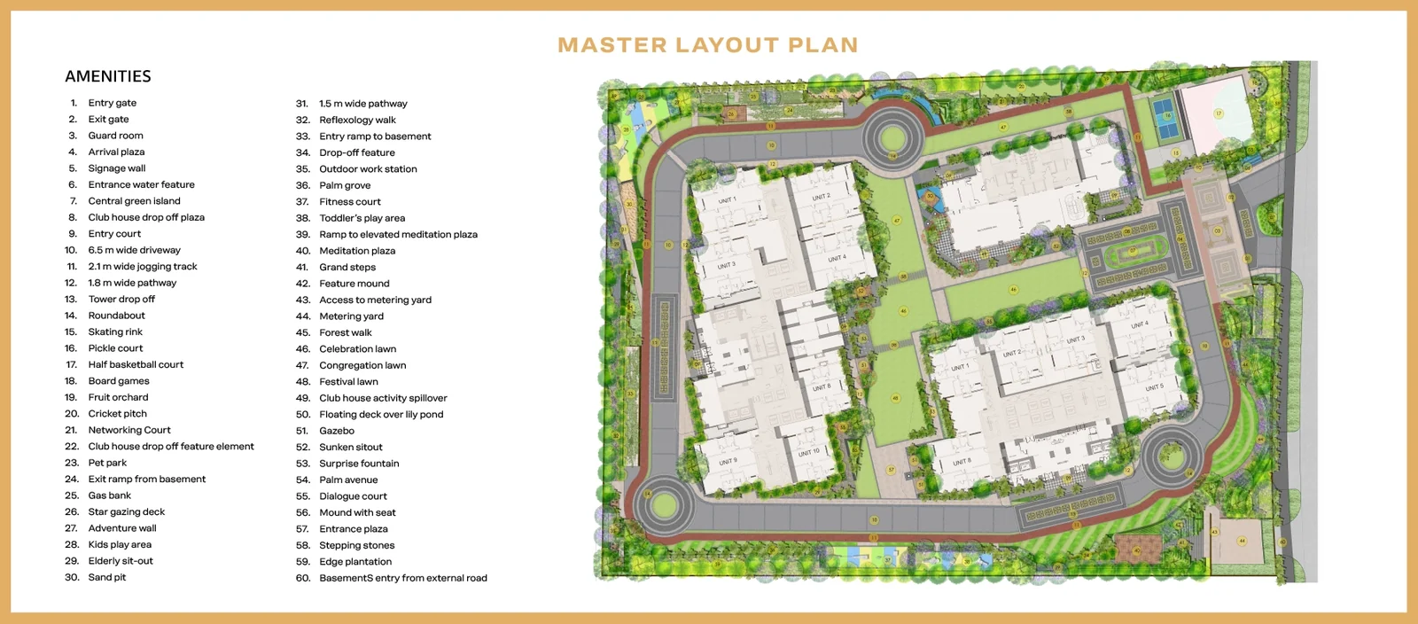 Godrej Epoque, master layout plan Master layout plan of Godrej Epoque: the two towers, the clubhouse, the courts, lawns and gardens, with a legend of 60 features